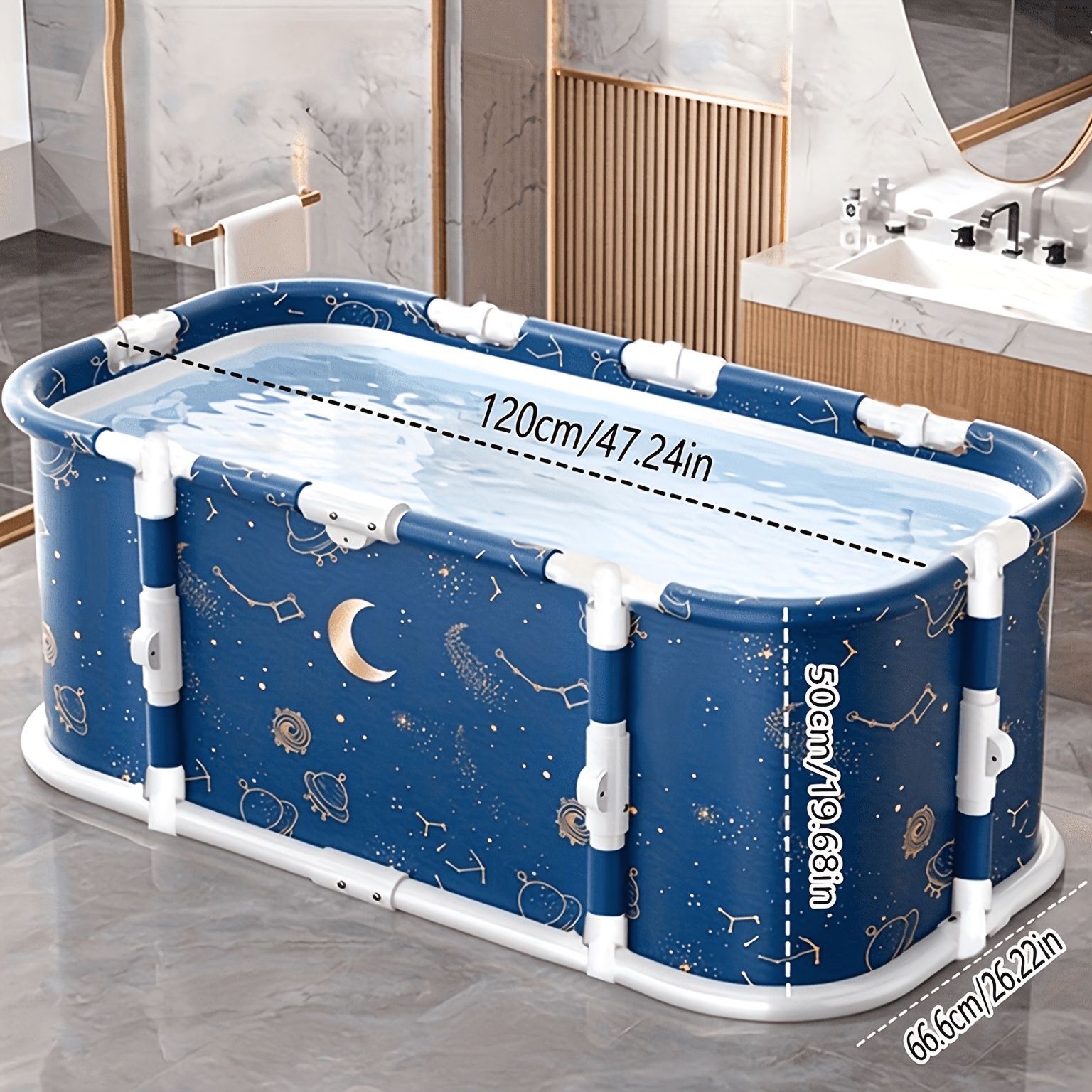Image of Folding Bathtub Portable Plastic Tub With Drain Pipe And Cushion For Home Indoor Or Outdoor Blue