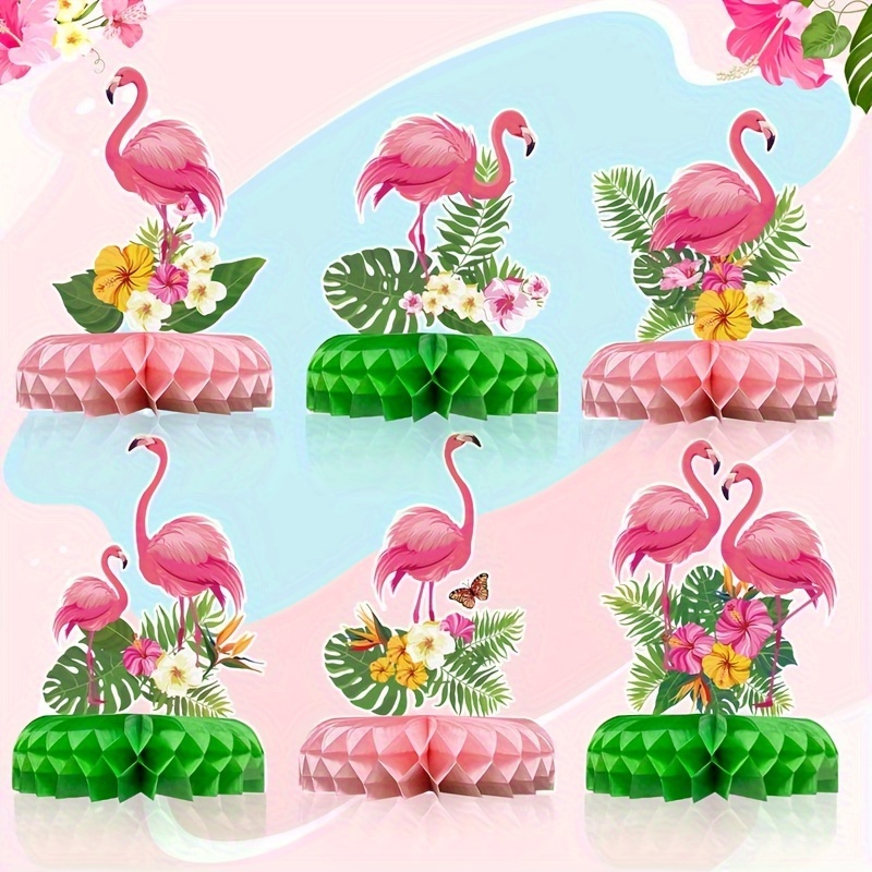 

6-piece Tropical Hawaiian Party Set - Flamingo & Honeycomb Centerpieces With Flowers, Perfect For Birthdays, Weddings & Summer Celebrations