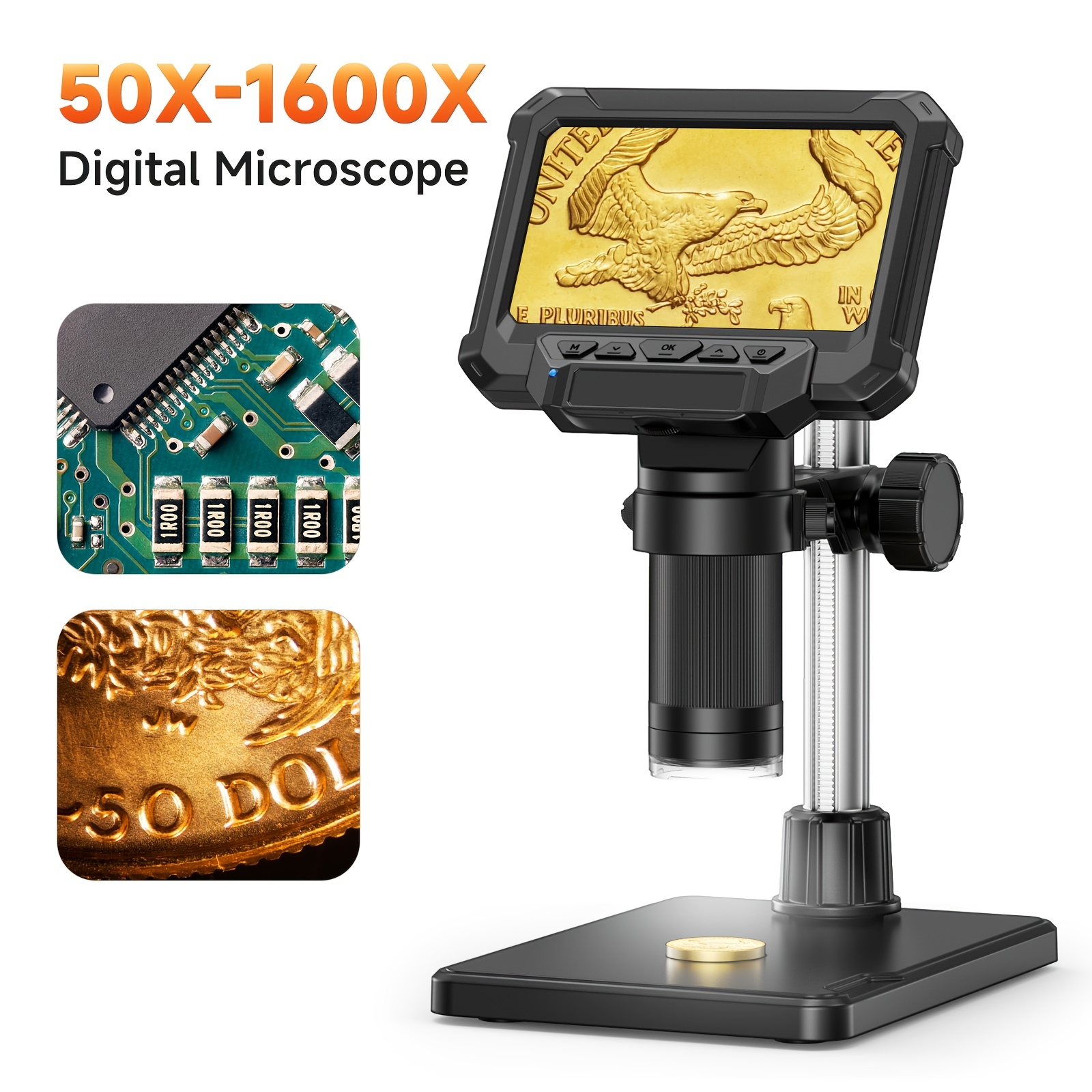 TEMU 4.3-inch Hd Digital Microscope, 1080p Coin Microscope, Suitable For Adults And Collectors, With 8 Adjustable Led Lights, Compatible With