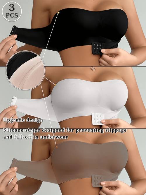 3pcs detachable padded bra without underwire strapless camisole underwear featuring detachable shoulder straps anti slip soft and breathable with off shoulder and wrapped bust design