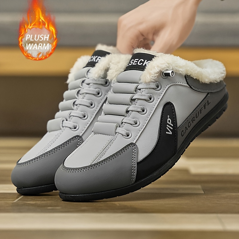 A pair of shoes with elastic band and velvet cover, warm and comfortable lining, suitable for outdoor street walking in winter, outdoor walking, indoor leisure and home use, Indoor Slippers, Round Toe Shoes, Slipon Design, Cozy Footwear, PVC Sole