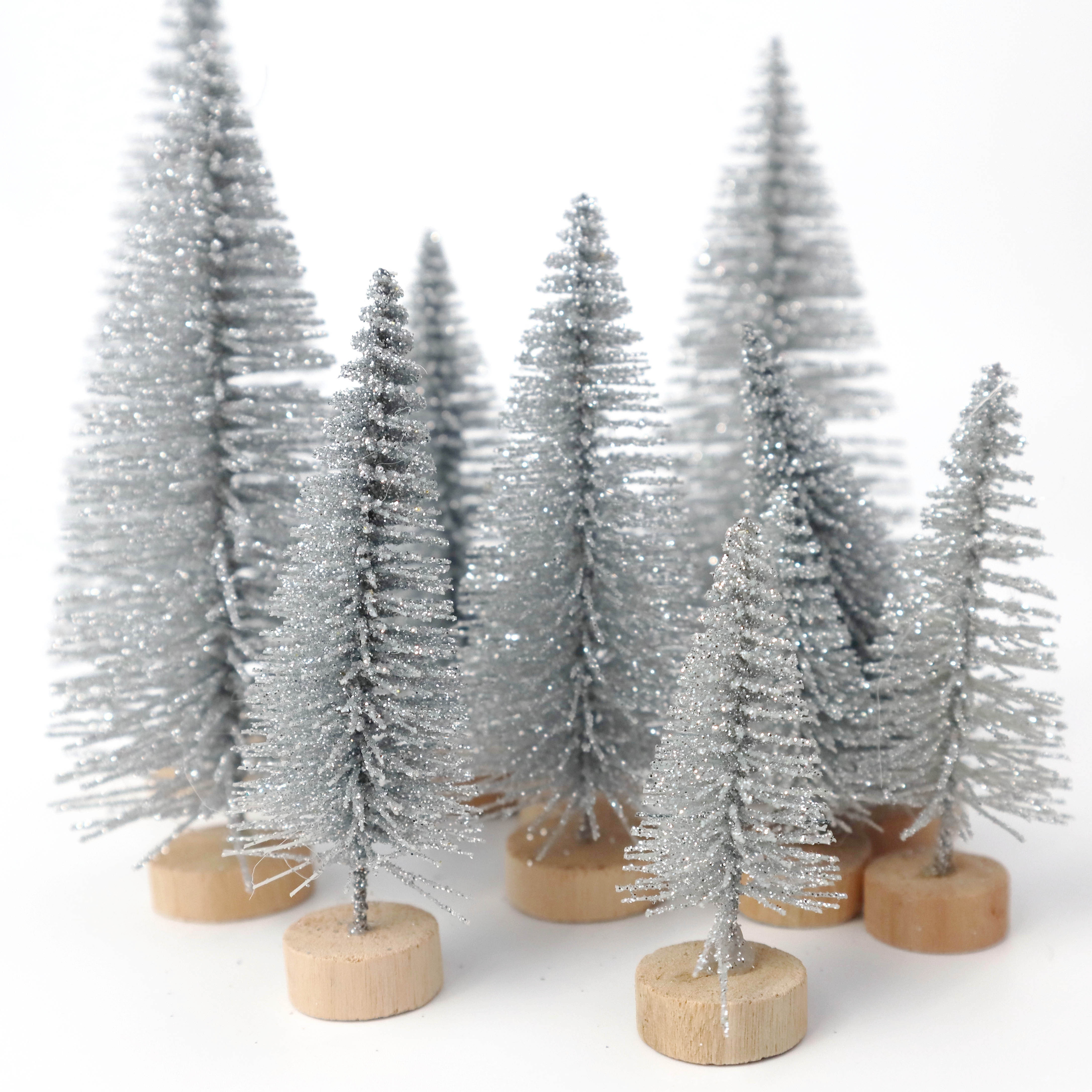 

6pcs Silvery Mini Christmas Trees With Wooden Bases - Assorted Sizes, Tabletop Decor, Holiday Parties, Village Display