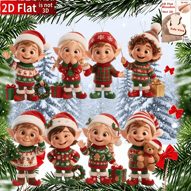 TEMU Adornos Navideños de Elfos Divertidos 2D Planos, 8 piezas, Clásicos de las Fiestas Impresas en Formas, Opción Ideal para Decoración y Regalos de