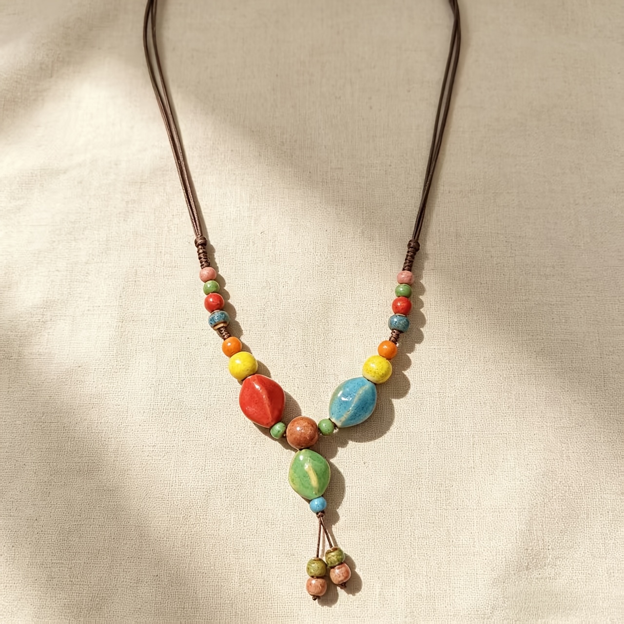 Macaron Color-Block Olive-Shaped Ceramic Bead Necklace