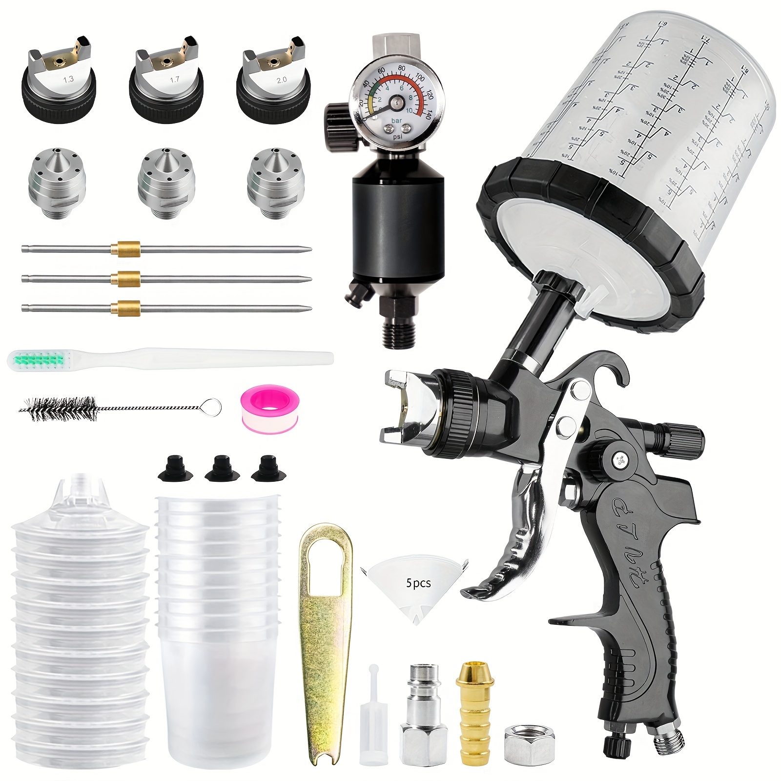 E-shop HVLP Luft-Spritzpistole Schwarz H2008 Pneumatische Spritzpistole, 1,3/1,7/2,0 mm Düse, 650 ml Messbecher, 10 Einweg-Innenbecher mit Deckeln, mit