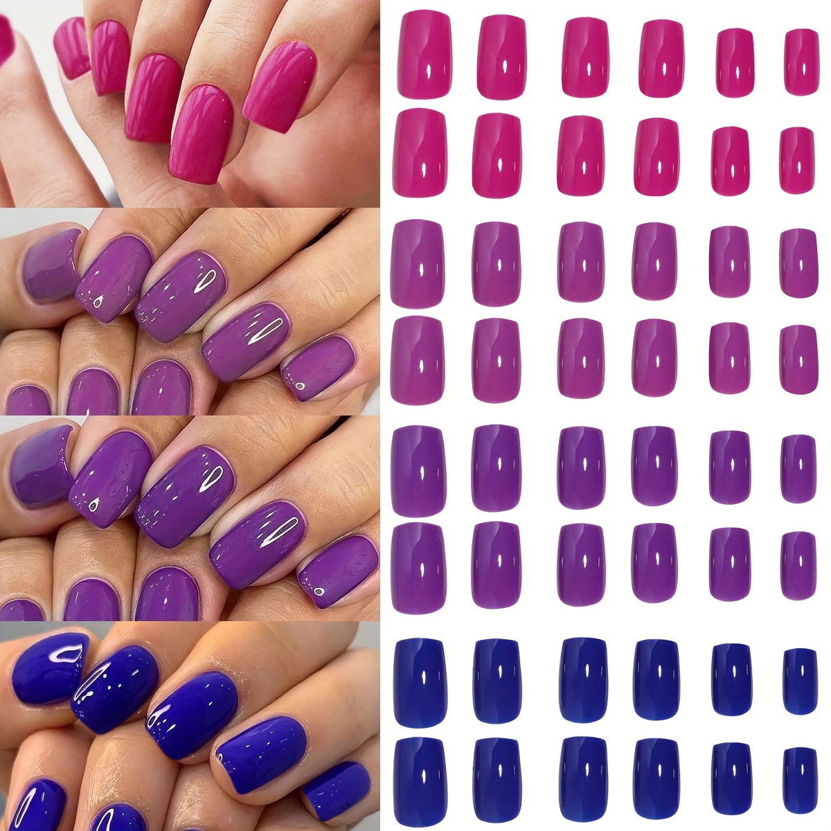 

4packs (96 Pcs) Glossy Medium Square Press On Nails, Mixed Blue Purple Fake Nails Solid Color Glue On Nails Set With Adhesive Tabs And Nail File For Women