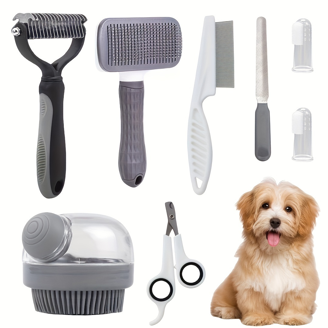 

8pcs Dog Brush Grooming Kit, Pet Self Cleaning Set With Pet Nail Clipper And File Flea Comb, Pet Shampoo Bath Brush, Pet Hair Removal Brush, Pet Hair Remover Comb Silicone Toothbrush