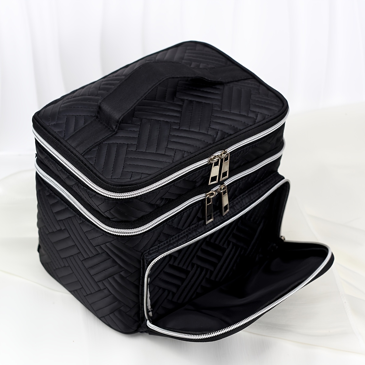 E-shop Große Kapazität Gesteppte Make-up-Tasche mit Griff und Reißverschluss – Multifunktionale Doppelschicht Kosmetik-Organizer, Tragbare Toilettenbox