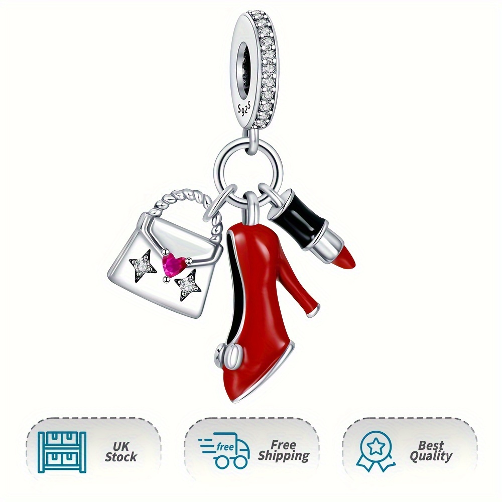 925 Silver Women Handbag Heels Lipstick Charm Pendant