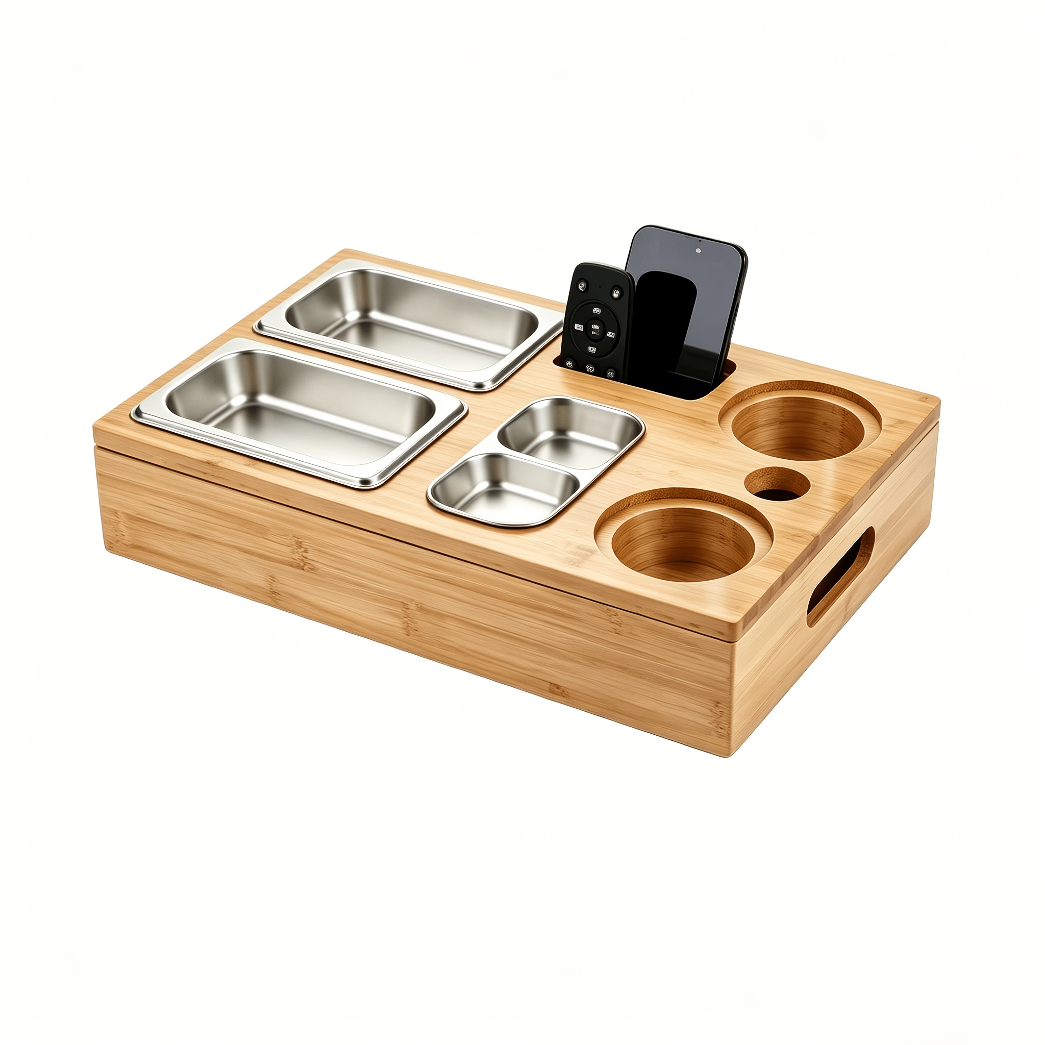 TEMU Table d'appoint de canapé en bambou, organisateur de canapé portable multifonctionnel, avec 2 porte-gobelets, plateau de rangement amovible en