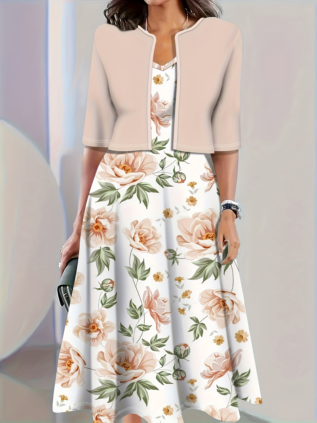 Printed Women'S Dress Set, Lightweight Open Front Cardigan and V-Neck Midi  Dress, Floral Print Dress Set for Women, Spring/* Floral Print Blouse