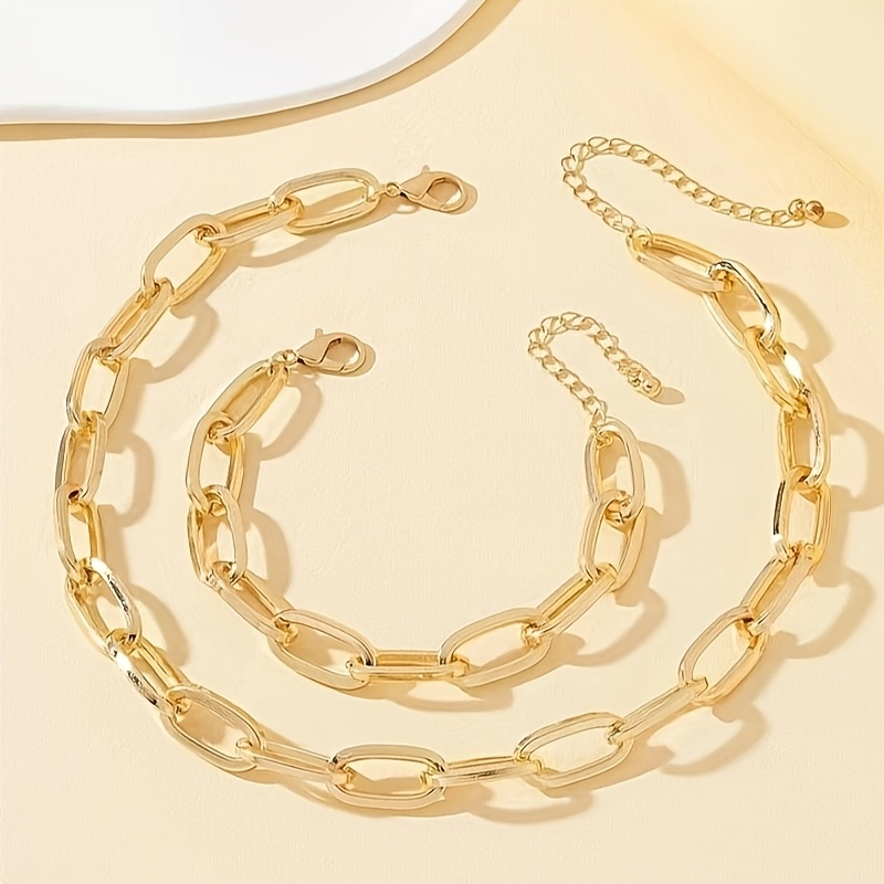Image of 2pcs (necklace And Bracelet) Easy Elegant, Fashionable Golden Rectangular Chain Women' Casual Versatile Bracelet Necklace Set