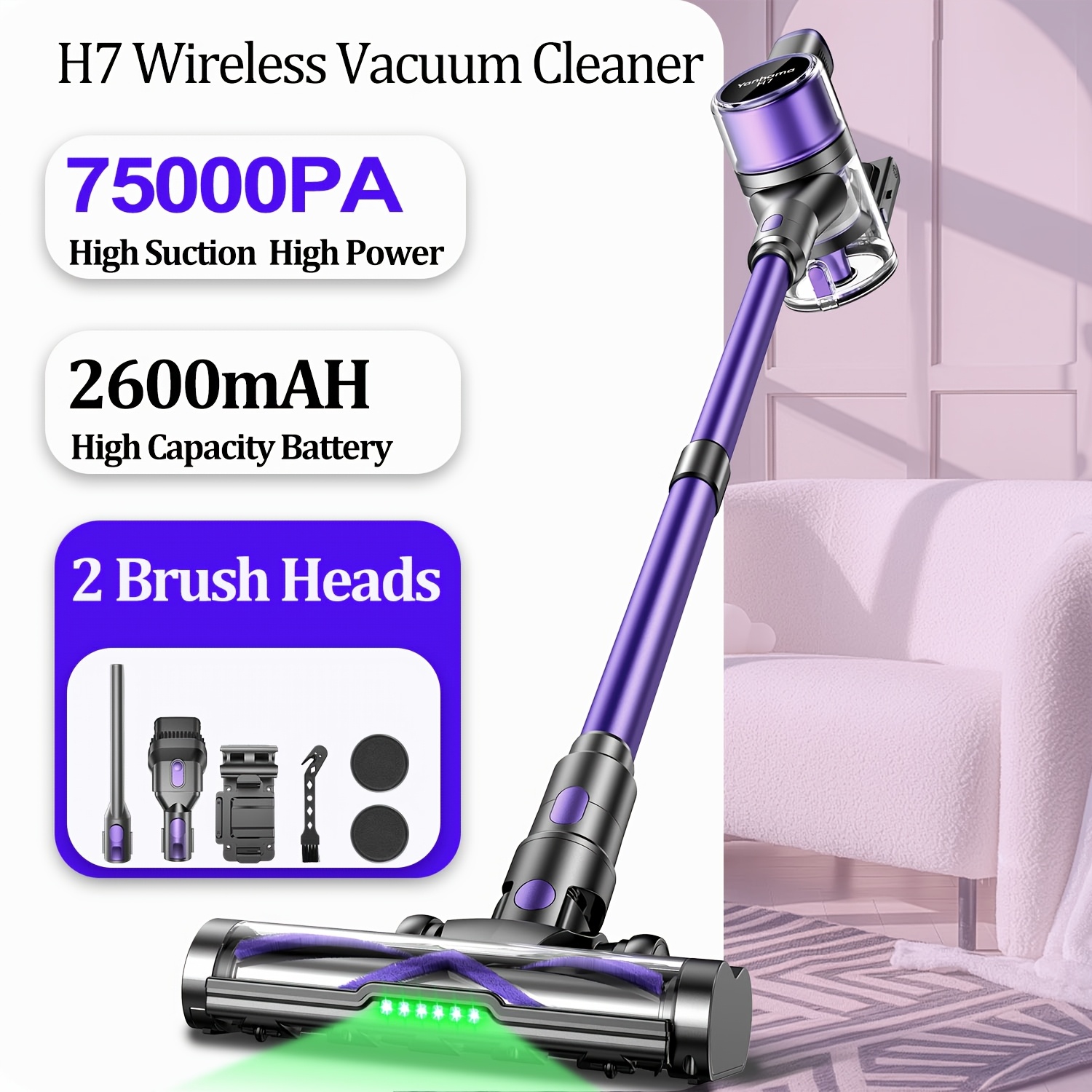 Image of 75000pa Wireless Vacuum Cleaner, With Detection Light, Multiple Replaceable Brush Heads, Suitable For Wood Floors, Carpets, Pet Hair Cleaning, Household Cleaning Full Set Of Accessories