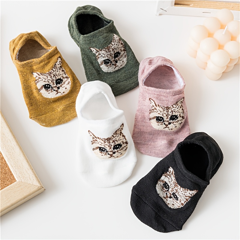 E-shop 5 Paar bequeme, modische, einfarbige, süße Katzen-Weißboot-Socken für Teenager, für Teenager