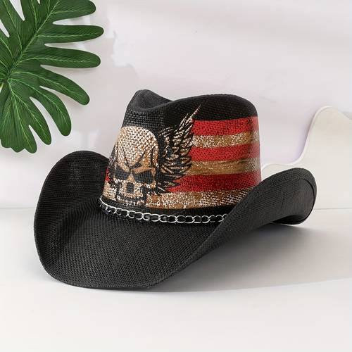 unisex punk gothic skull cowboy hat black with chain accents 100 paper wide brim detachable design for concerts cosplay beach fire pit parties