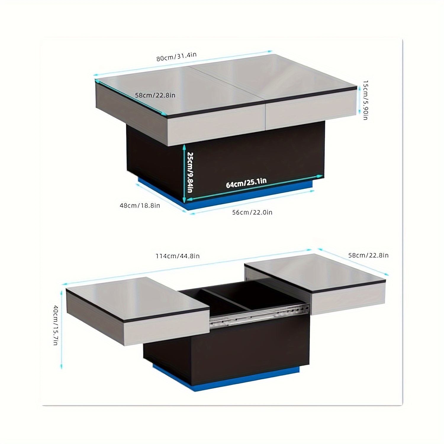 Ausziehbarer Couchtisch, 80 x 58 x 40 cm, mit versteckten Fächern Ablagefächern, geeignet für Wohnzimmer, in Weiß.