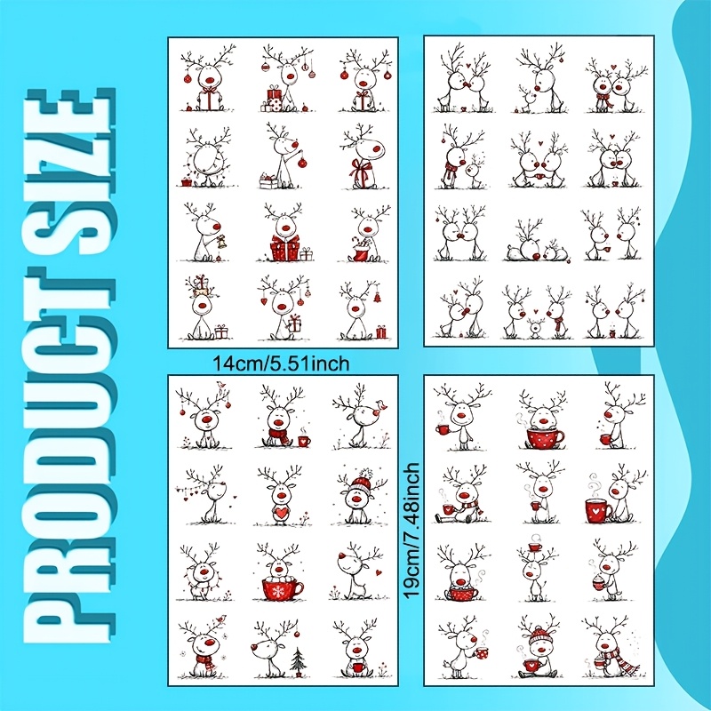 TEMU 4pcs Christmas Reindeer Theme Vinyl Uv Dtf Transfer - Suitable For Crafts, Mugs, Laptops And Water Bottles, Self-adhesive Plastic Transfer,