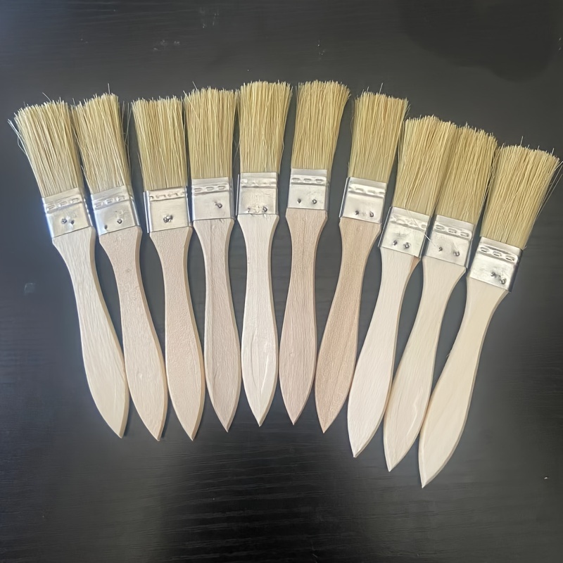 Pig Bristle Flat Paint Brush Set With Gourd Handle - 10pcs 1" Chip Brushes For Painting, Gesso, Varnishes, Glue, Stain, Arts, Crafts, Home Trim & Repair, Interior/exterior Use