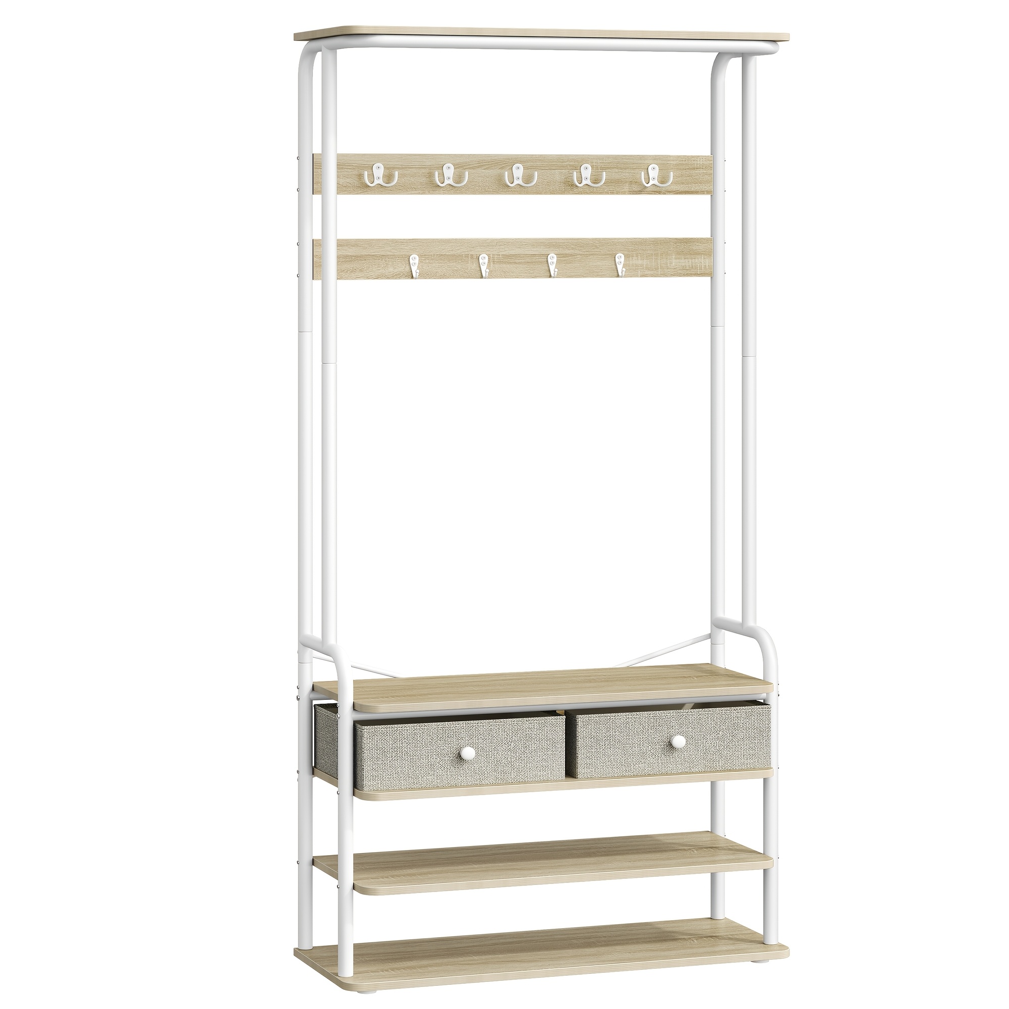 Image of Coat Rack, Wardrobe With Shoe Rack, 2 Fabric Drawers, 9 Hooks, Freestanding Clothes Rack For Hallway, Entrance, Bedroom, 30 X 80 X 180cm, Oak-white