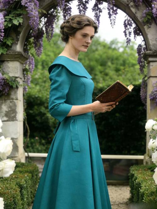 womens vintage dress with a princess collar featuring a large peter pan collar a belt three quarter sleeves and a flowing skirt an elegant and beautiful french style dress