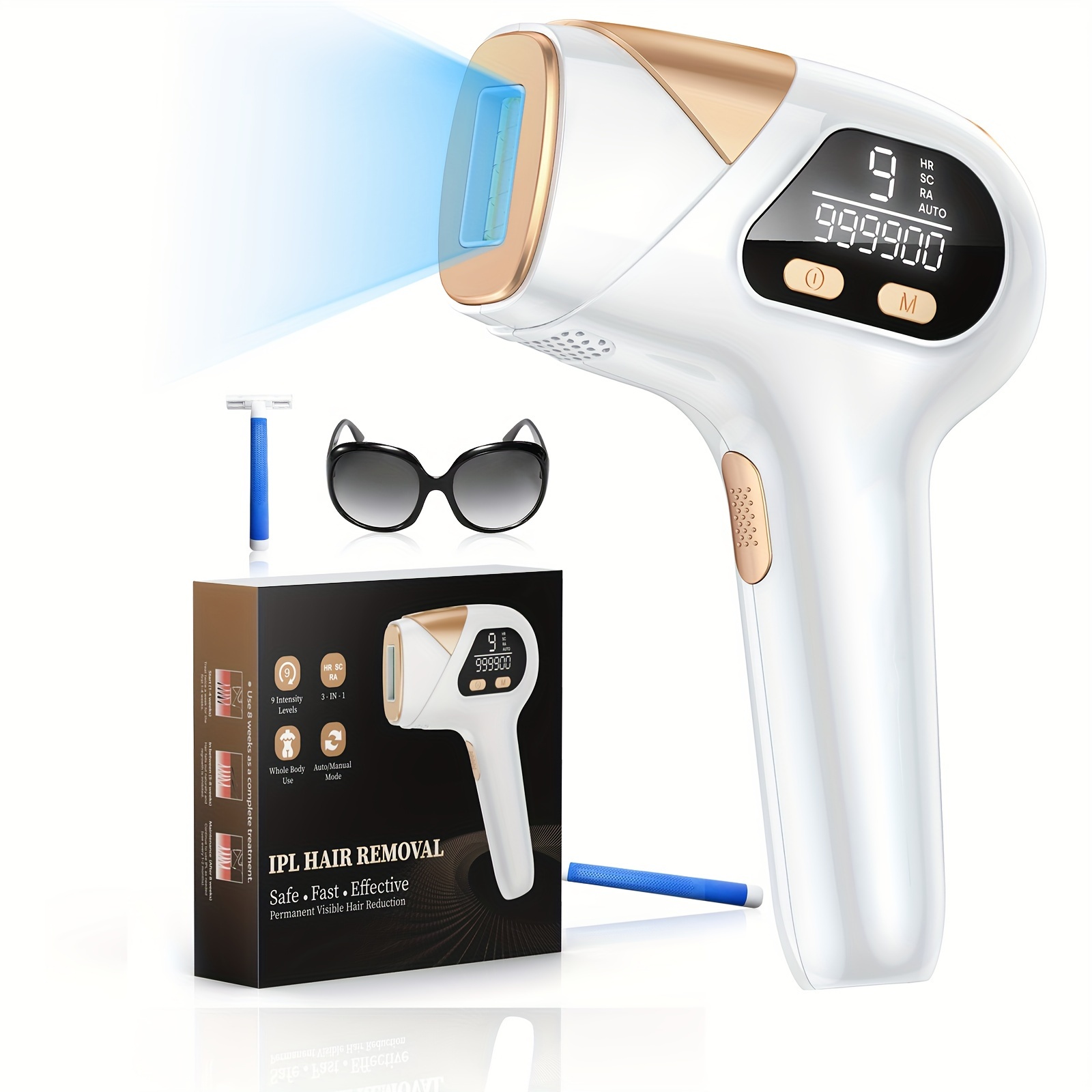 IPL Hair Removal Equipment Three in one IPL Intense Light Hair Removal Three Modes Of HR RA SC And 9 Gears 999900 Flashes LED Display Of Available Times And Gears Hair Removal Device Suitable For