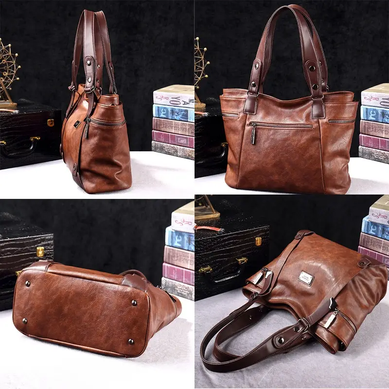 vintage inspired large capacity womens tote bag soft durable zipper closure shoulder handbag style in deep navy blue dark green multiple colors stylish vintage tote bag soft synthetic leathe Product details 1