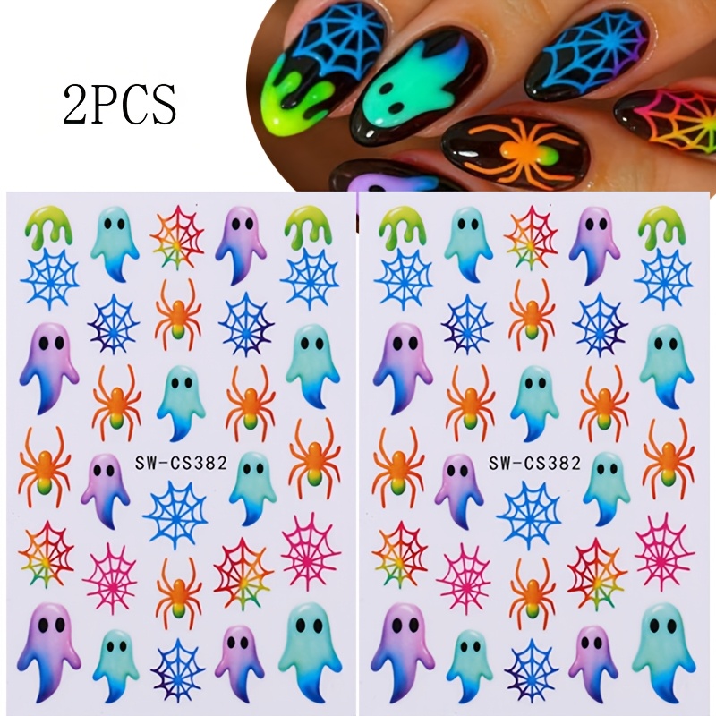 TEMU 2 feuilles d'autocollants pour ongles d'Halloween, colorés de , d'araignées et de toiles d'araignée, autocollants pour ongles, décorations d'art
