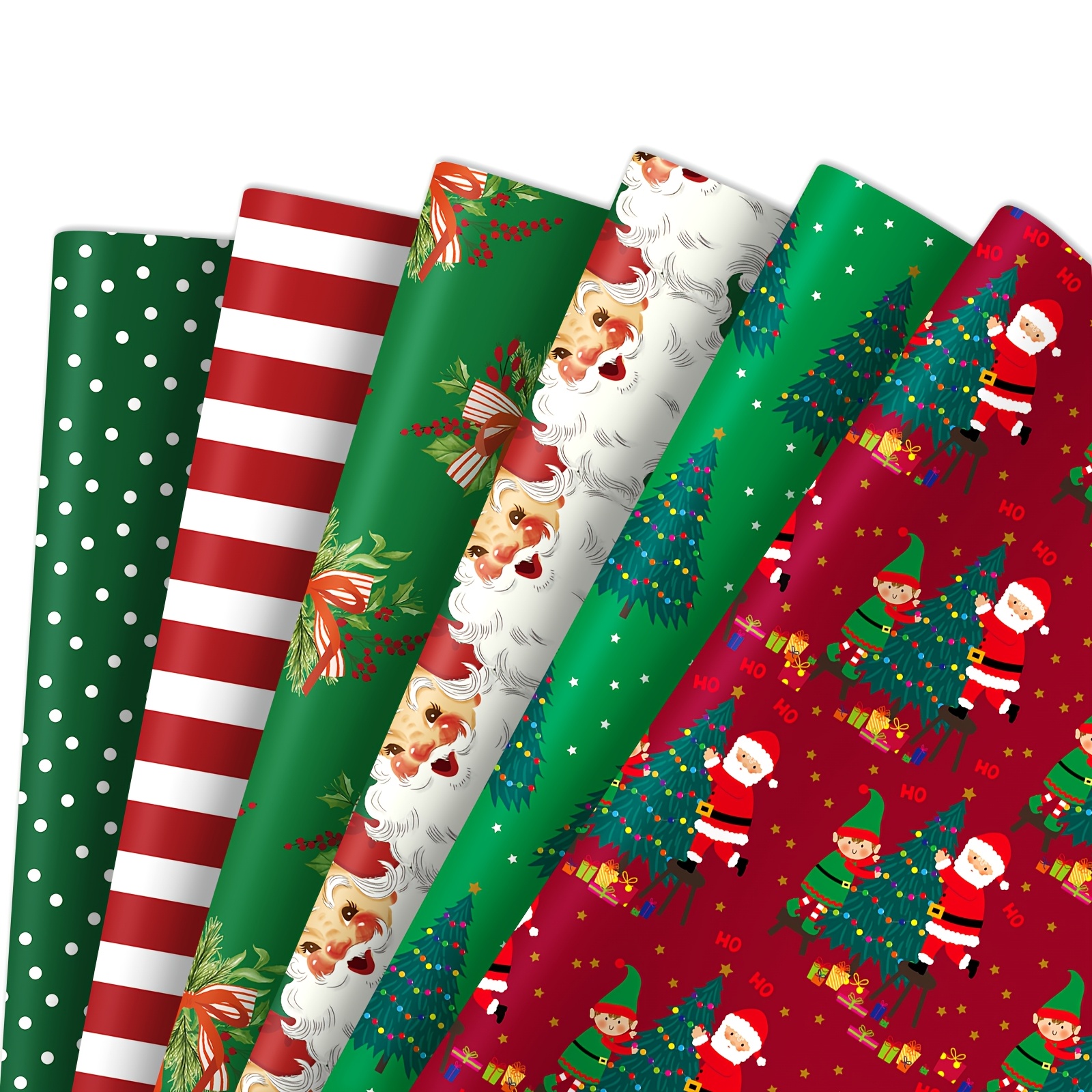 TEMU Lot de 6 feuilles de papier cadeau de Noël | Père Noël et elfe (rouge), sapin de Noël (vert), visage du Père Noël (blanc), rayures rouges et