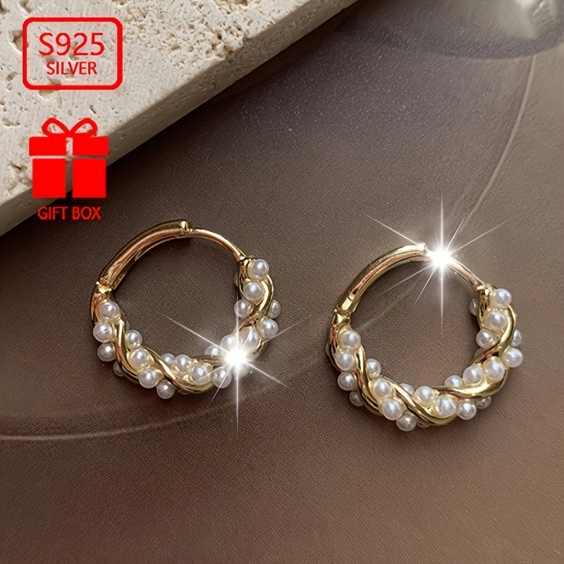 

Total Weight About 2.2g 2pcs Women' Ring Earrings 925 Pure Silvery Pearl Women's Earrings Suitable For Activities And Parties As Gifts