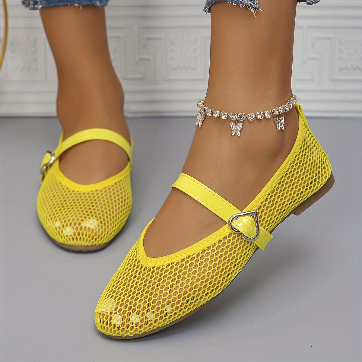 Yellow flats with ankle strap hotsell