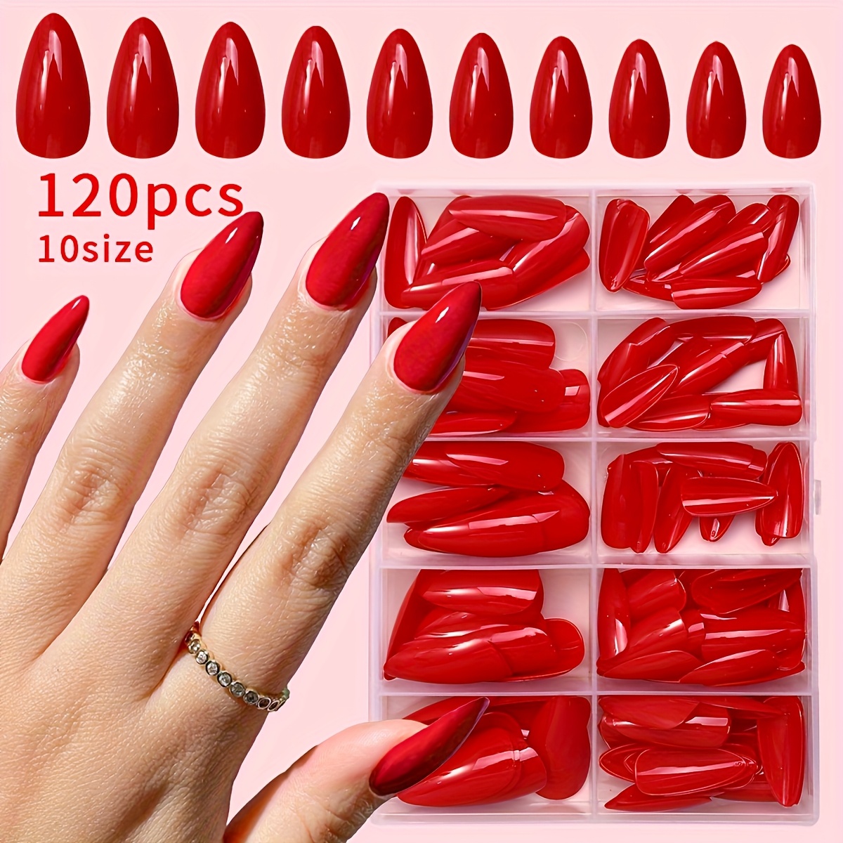 TEMU 120pcs Of Long Almond-shaped Press-on For Nails - Glossy Fake For Nails, Solid Color Embossed Full Coverage Fake For Nails, High-gloss Manicure