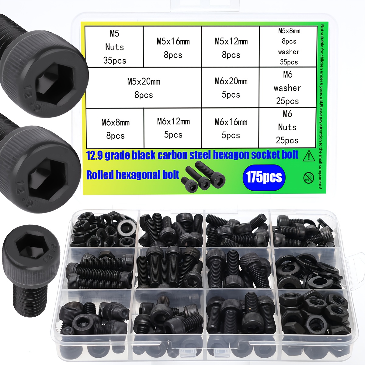 175pcs 12.9 Grade Steel Hex Kit | Includes M5/m6 Nuts, Washers, And Hex Socket Screws (m5/m6x8/12/16/20mm) For Mechanical, Automotive, Projects