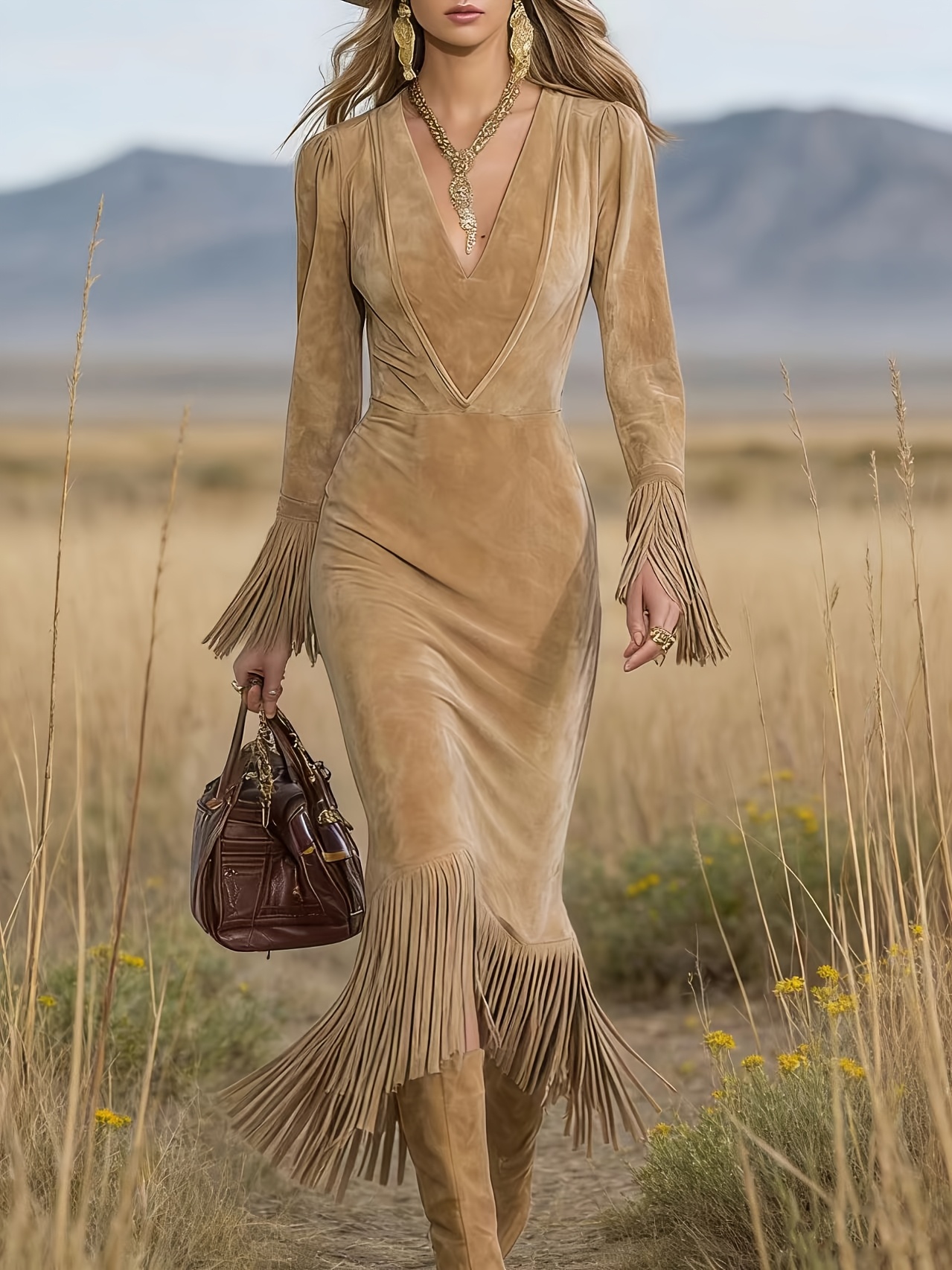 vintage western v neck suede dress fringe hem - Temu Georgia
