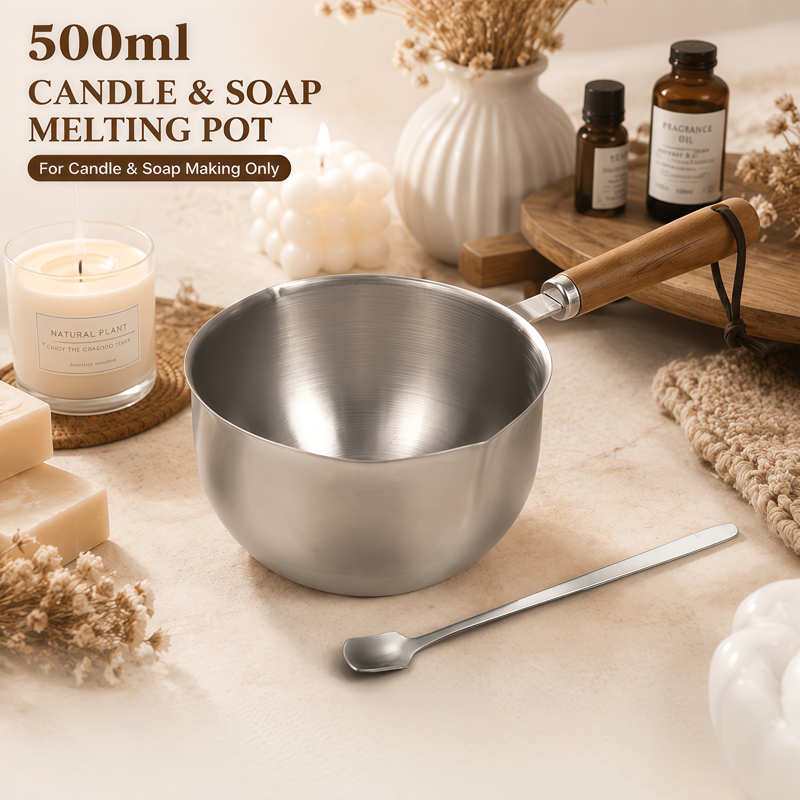 TEMU A 500ml Stainless Steel Wooden Handle Pot With A Silver Spoon And A Wax With A Spout Design, Suitable For Melting Candles And Handmade Diy Gifts