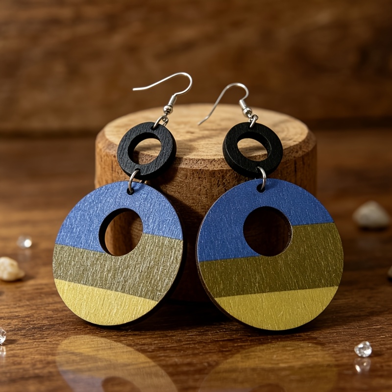 Women's Bohemian Round Openwork Color Block Striped Wooden Earrings