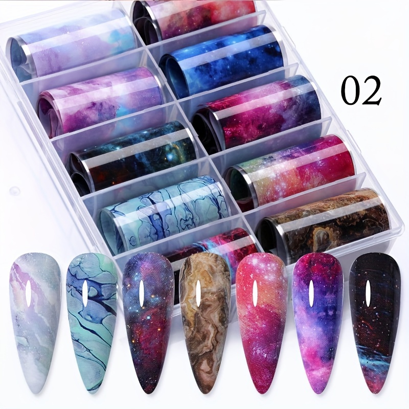 Image of 10pcs Box Of Nail Art Marble Pattern Starry , Leopard Print, Colorful Laser Starry , Black And White Checkered Snake Skin Art Nail Foil Transfer Stickers