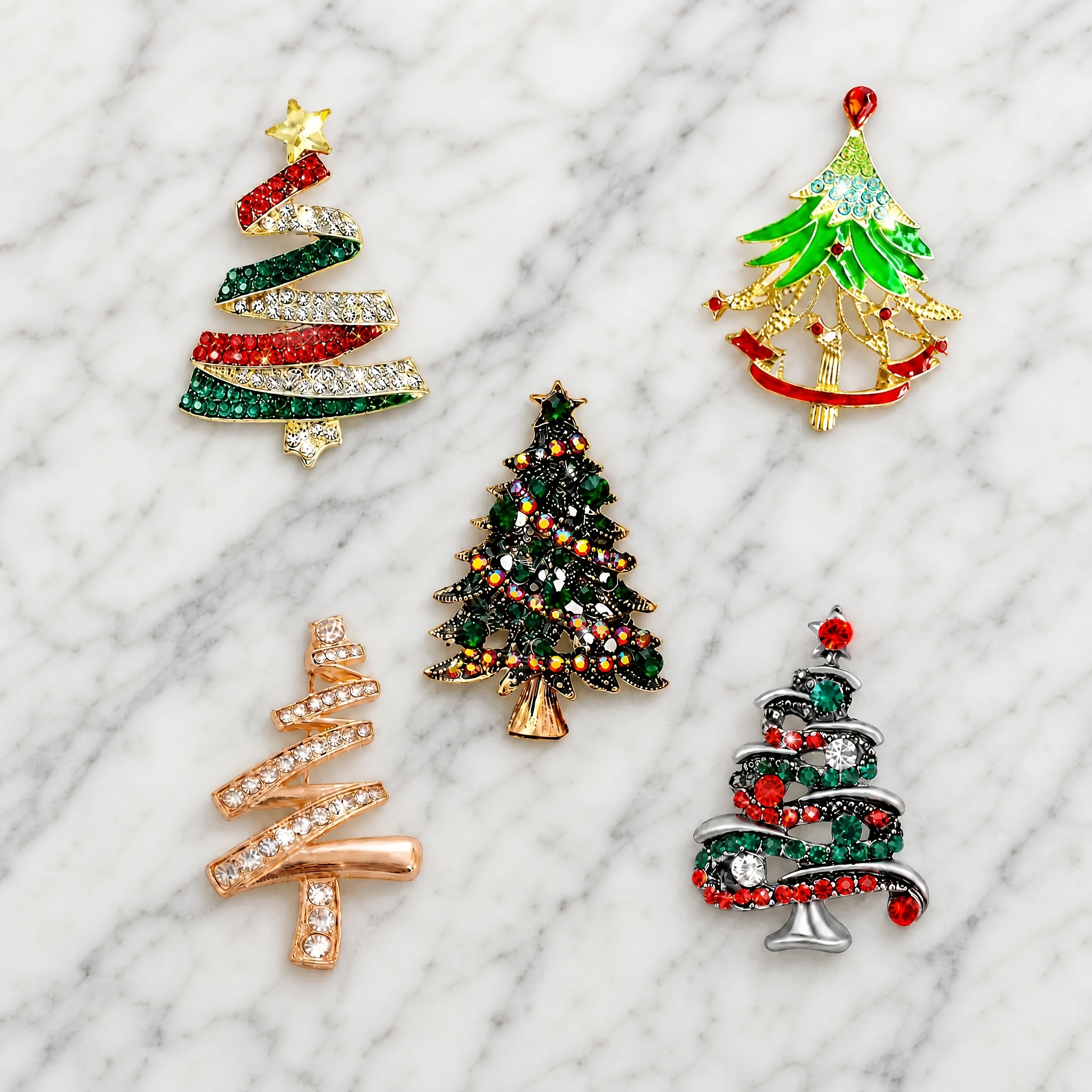 TEMU 5pcs Versatile Rhinestone Christmas Tree Brooch Set, Diverse Tree Shapes And Unique Patterns, Suitable For Coats, Fabric Bags, Christmas