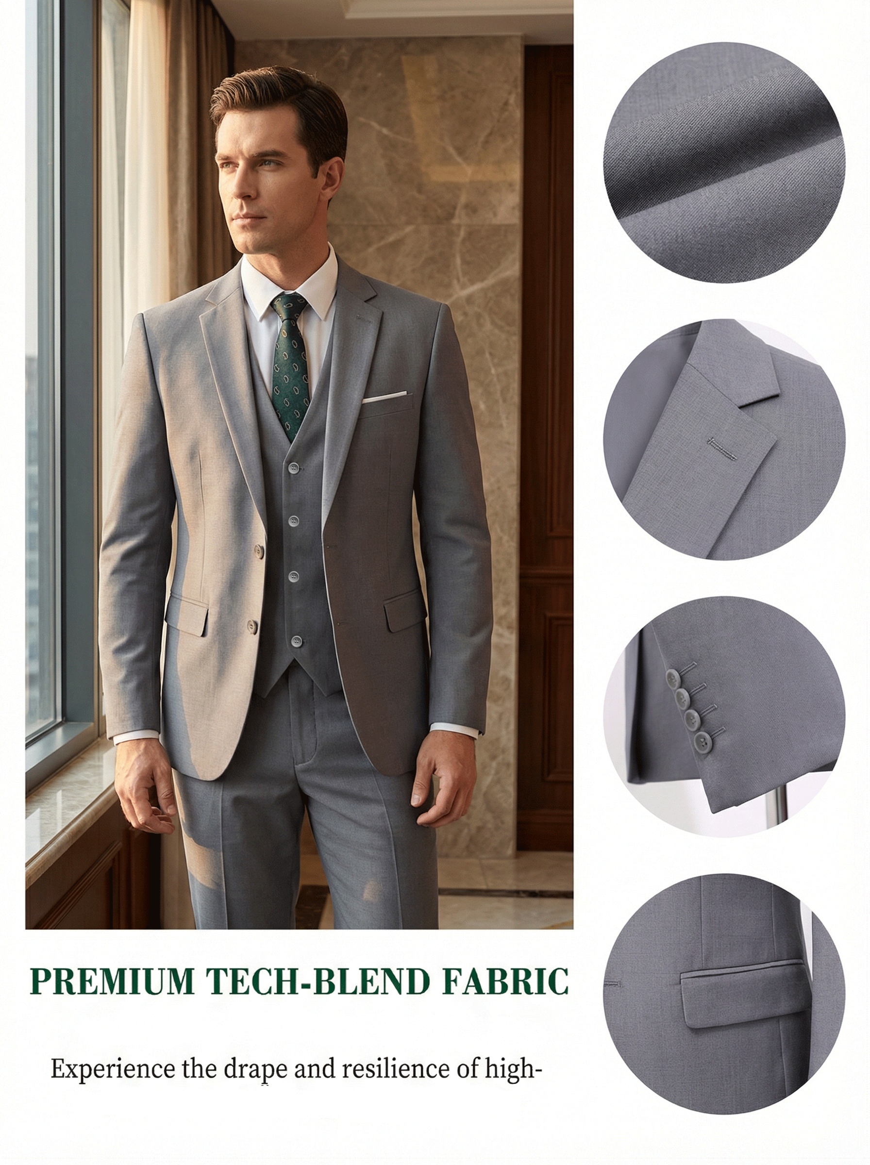 Ensemble 3 pièces pour homme, Veste de costume + Gilet + Pantalon de costume, Élégant et de haute qualité, Idéal pour mariages, fêtes ou événements formels (Pochoir gratuit avec motif aléatoire)