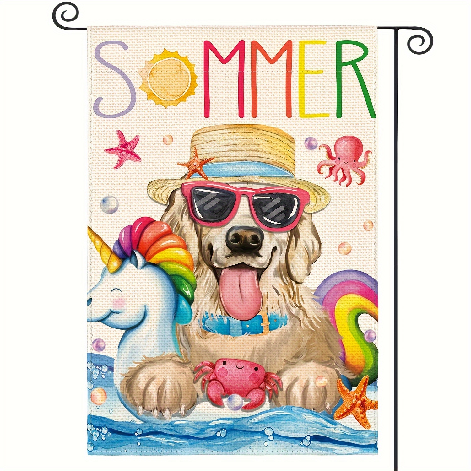 

Summer Pool Flag 12x18 Inches Double Sided Outside, Swimming Golden Retriever Dog Waves Holiday Yard Outdoor Decoration For Shops Use