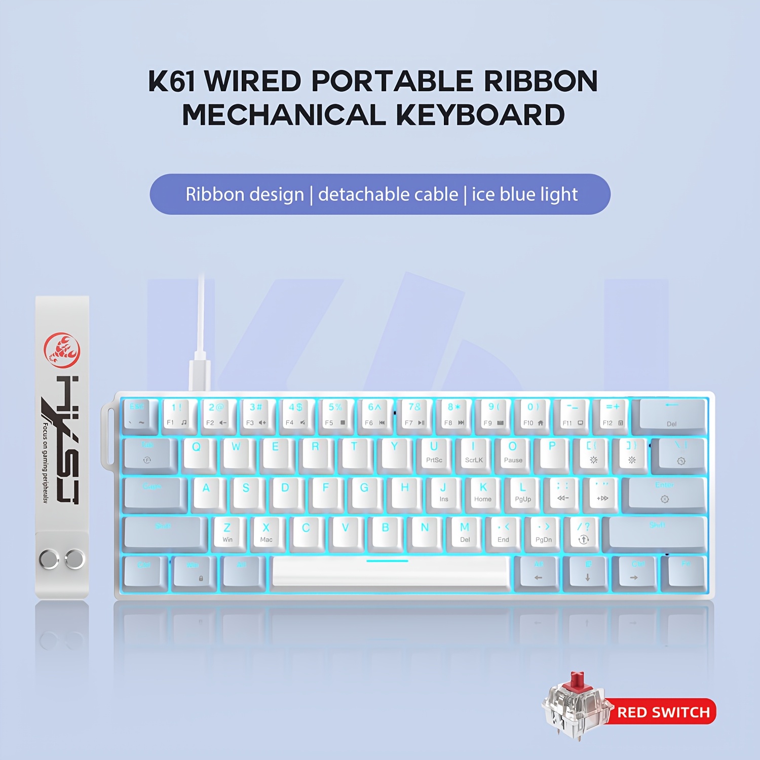 TEMU Hxsj K61 Wired Mechanical Keyboard 61-key Full-sized Portable Usb-c Keyboard With Backlit Compatible For Pc, Laptop, Desktop, For Home Office &