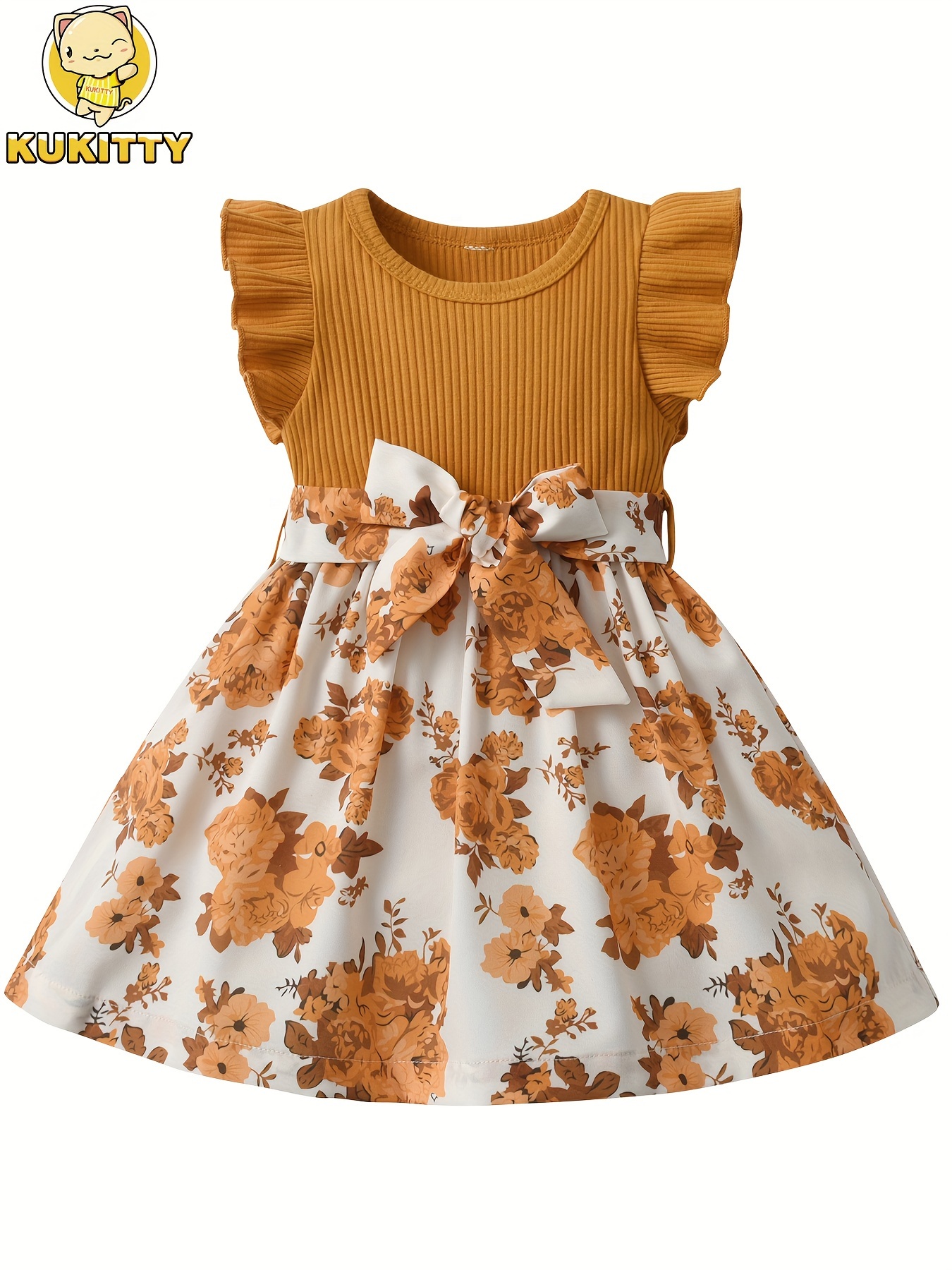 * Infant Baby Girl Dress Summer Ruffle Sleeve Floral Dresses Casual  Sundress with Belt