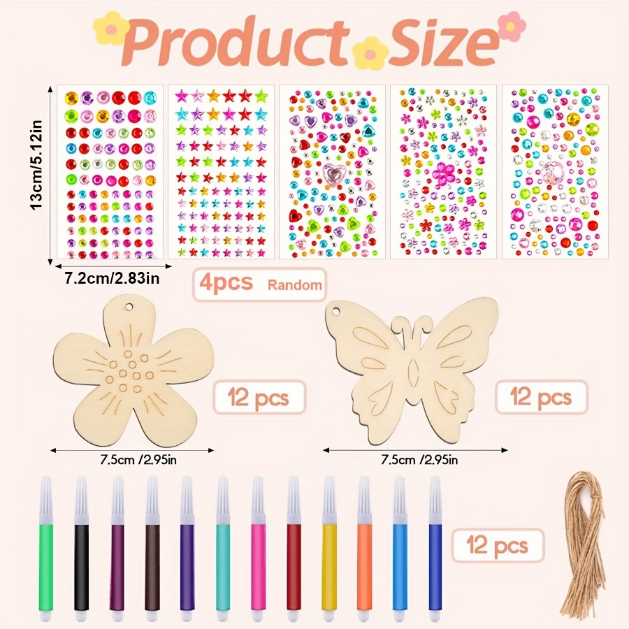 24pcs Wooden And Flower Craft Set (including 12 Watercolor Pens And 4 Gem Stickers Included) For Decorative String Crafts, Suitable For Art Activities, Birthday Gifts, Christmas Party Supplies