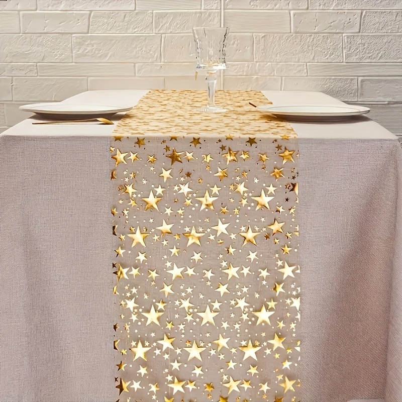 TEMU 1 Rolle Goldener Stern Pailletten Tischläufer, Rechteckiger Tischläufer mit Glänzendem Stern Design, für Weihnachten, Thanksgiving, Halloween,