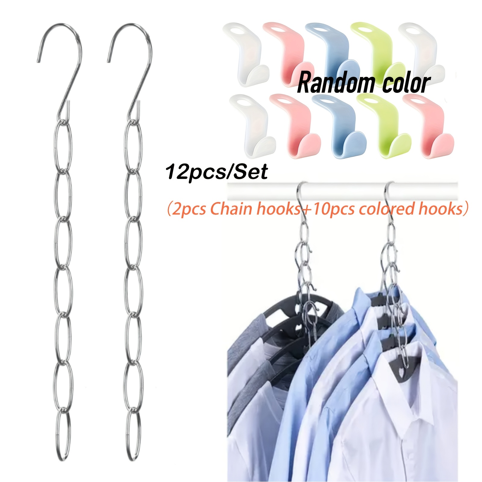 TEMU Space-saving Hanger Hooks Set: 12pcs 7-slot Metal Chain With Random Color Plastic Hooks, Foldable Organizer For Closet, Bedroom & Entryway -
