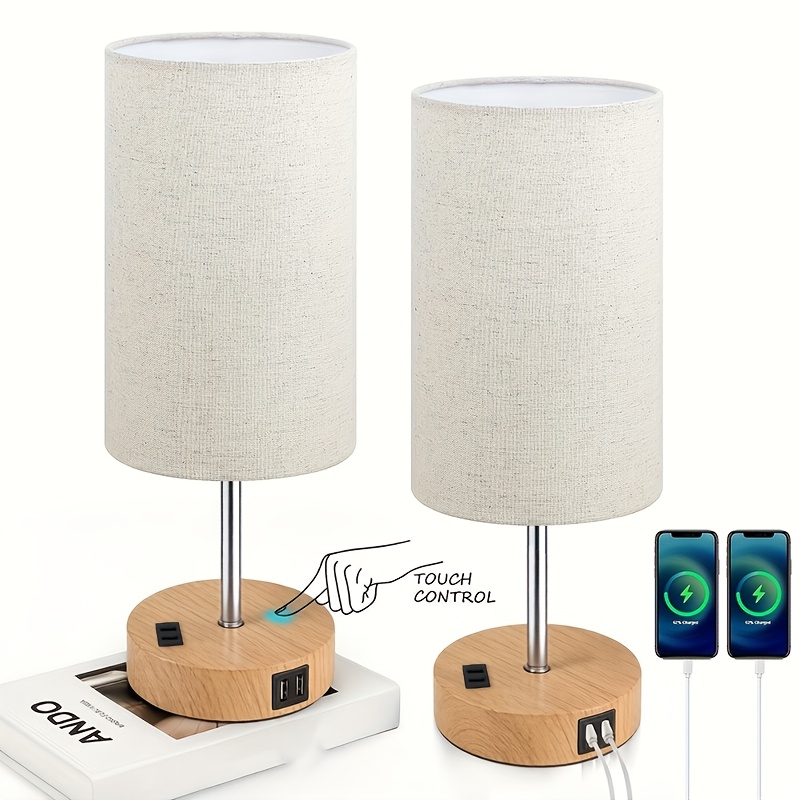 TEMU 3- Control Table Lamps Desk Lamps, Bedside Lamps With Usb Ports & Ac Outlet, 3-way Adjustable Nightstand Lamps With Fabric Shade, E26 Led Bulb