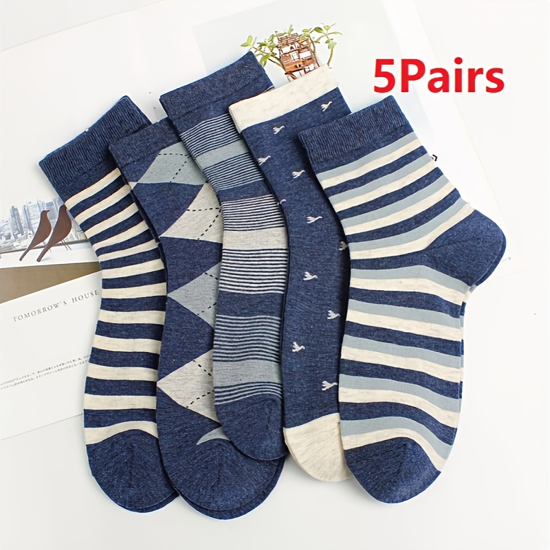 Image of 5 Pairs Of Men's And Women's Striped Cotton Socks, Suitable For Simple Outdoor Leisure Warm Socks.