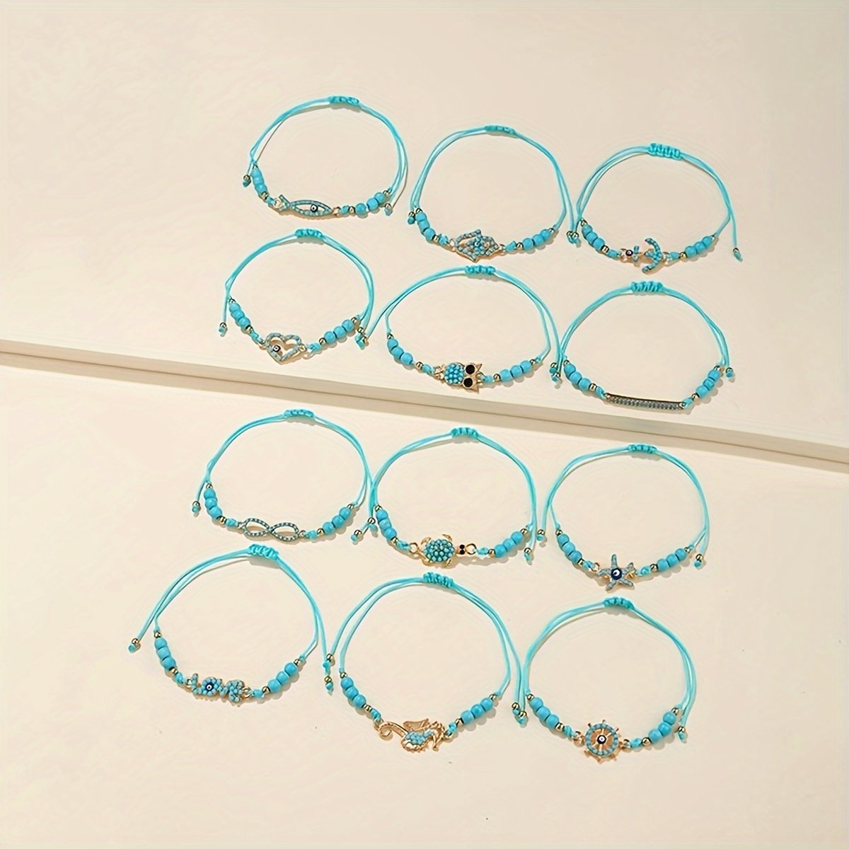 12 Pcs Turquoise Bracelets with Devil's Eye Pendants