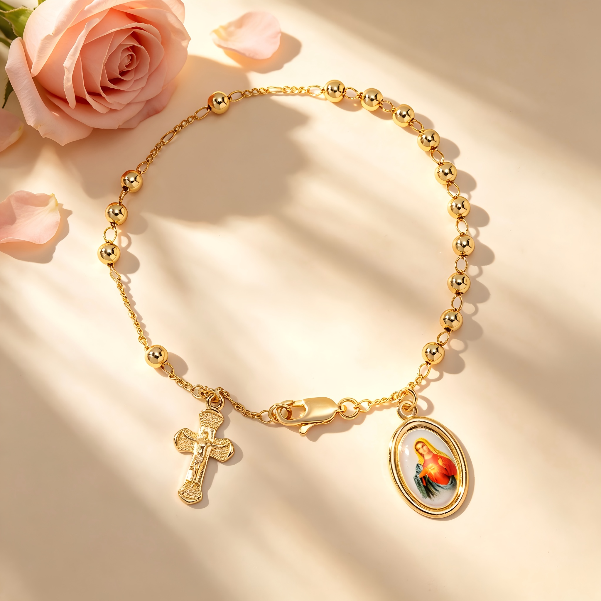 Image of 1pc Golden Beaded, 14k Golden Plated, , Icon Jewelry/religious Jewelry/spiritual Accessory, Church Gift/christian /thanksgiving/easter/ Birthday Gift, Unisex