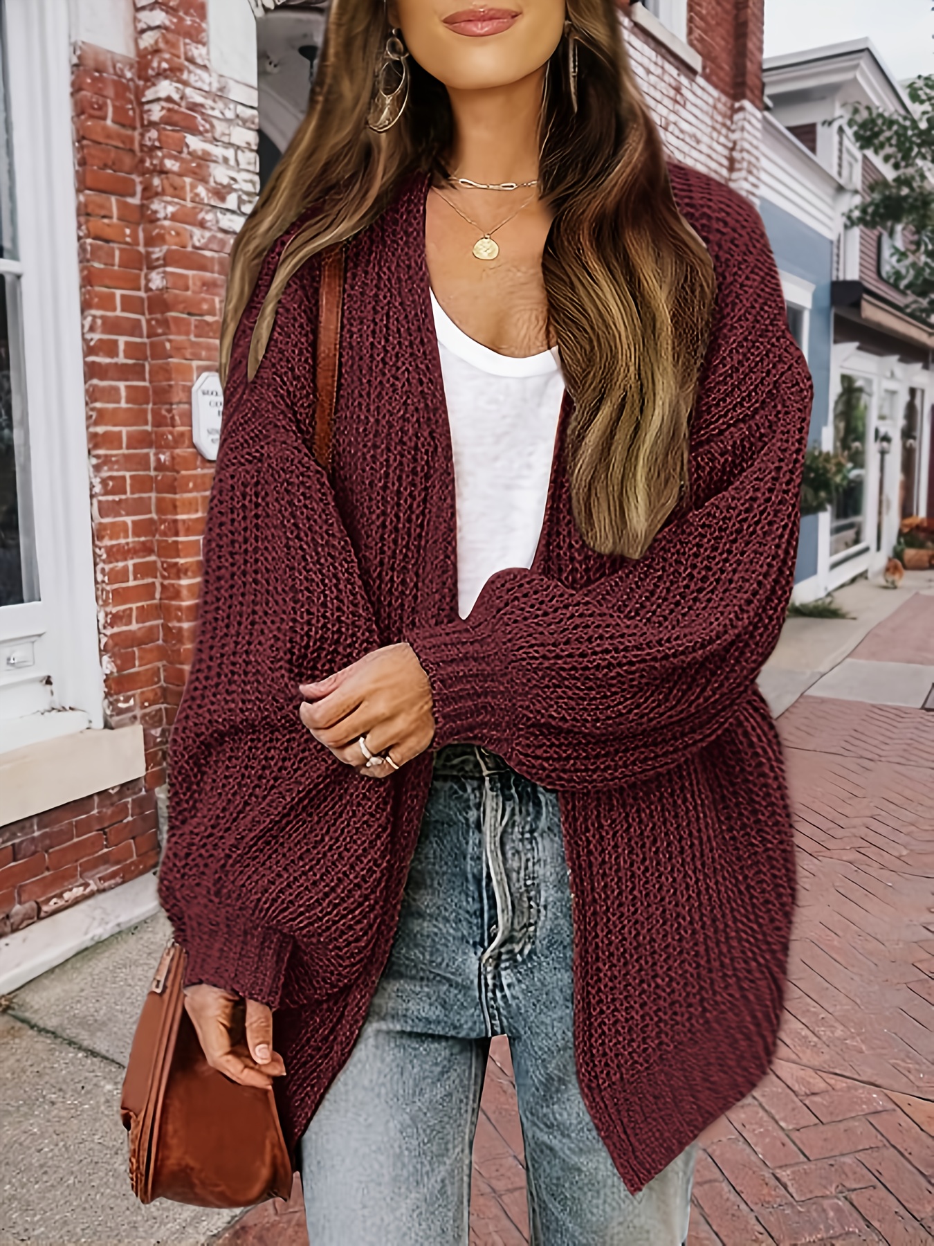 damen oversized burgunder cardigan strickjacke langarm Temu Germany