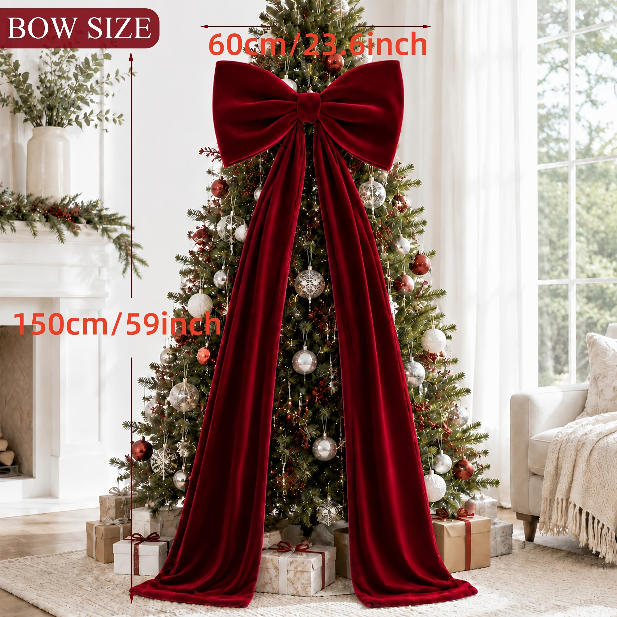 TEMU Christmas Tree Topper Bows, Large Velvet Bows For Xmas Tree Decor, 59" .6" Burgundy Giant Big Christmas Bows Ornaments For Garland Mantel Door